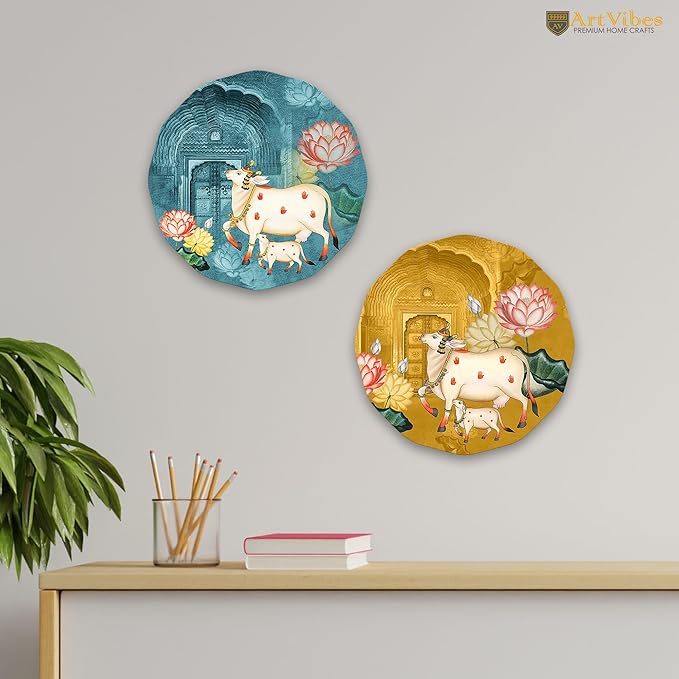 Artvibes Pichwai Round Shape Wooden Wall Hanging Decor | Modern Wall Decoration Artworks for Home