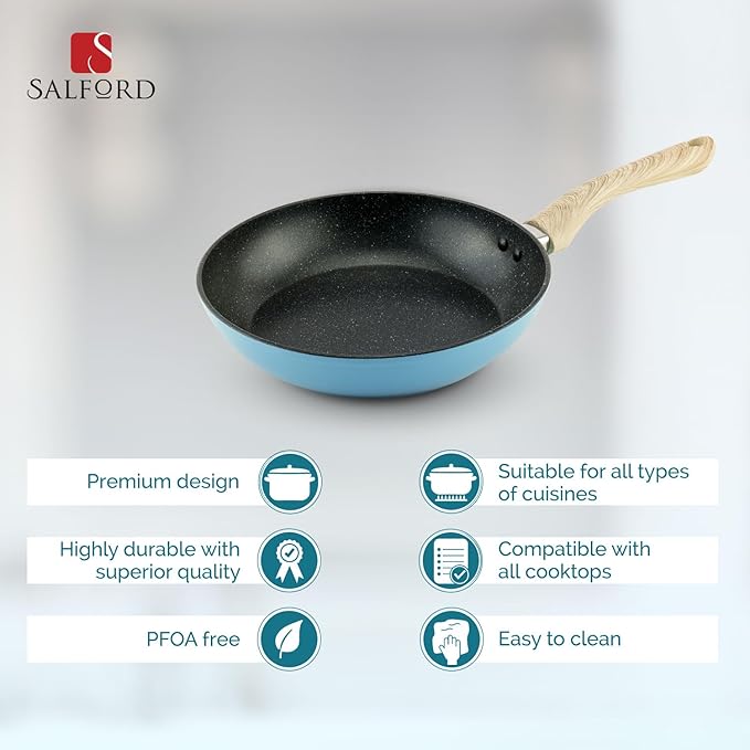 Salford by Ucook Forged Non-stick Frypan With Soft Touch Wooden Handle | Black Spatter Dusty Blue | 240mm | 1.85 Litre