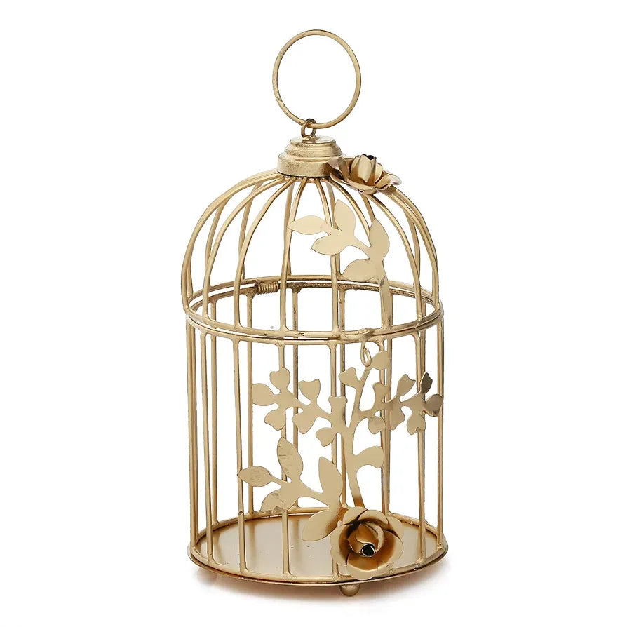 WebelKart Gold Color Metal Bird Cage Tea Light Holder with Flower Vine