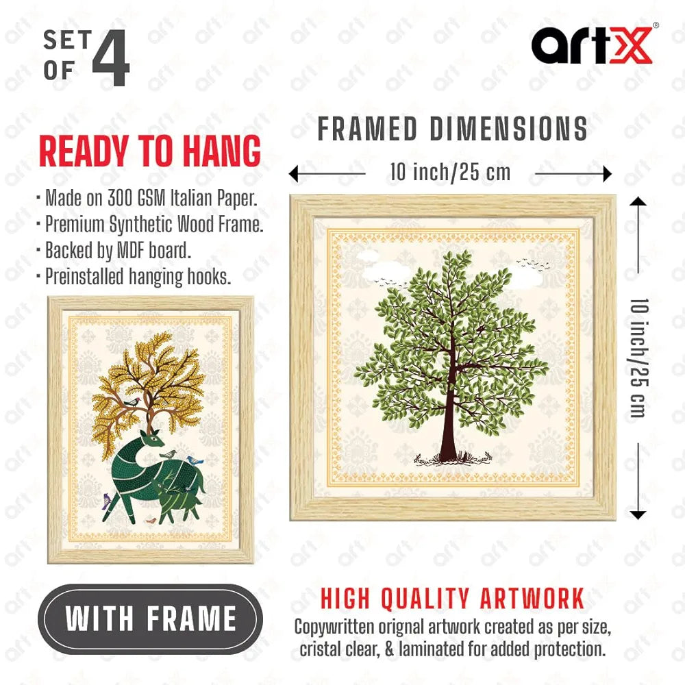 ArtX Paper Gond Art Paintings with Frame Gond-SO4-01 Set of 4