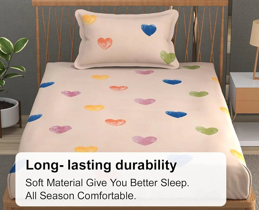 Fresh From Loom Floral Print 240 TC Single Bed Bedsheet Microfiber Anti Fade 1 Pillow Covers Heart-Brown