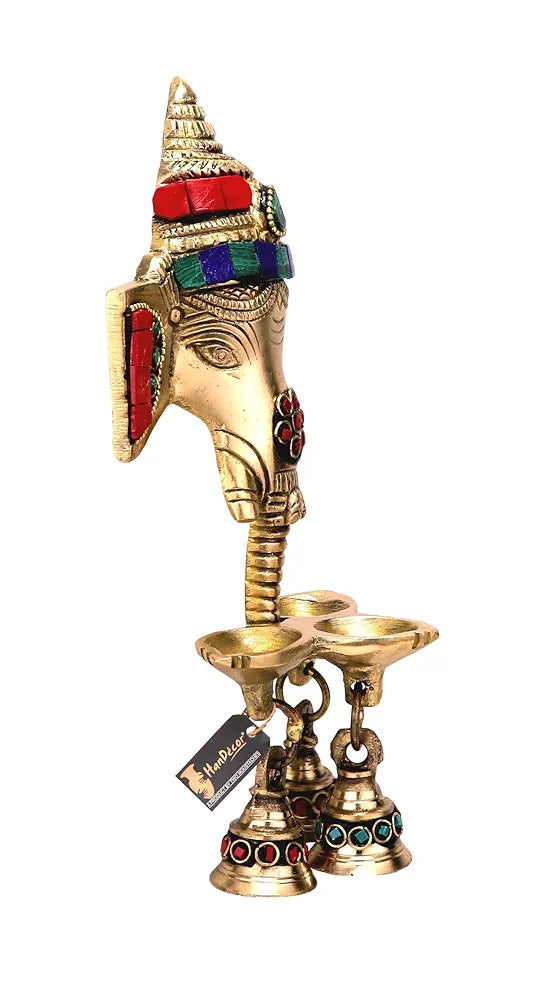 Two Moustaches Gemstone Work Brass Ganesha Wall Hanging Diya with Bells for Home Decor