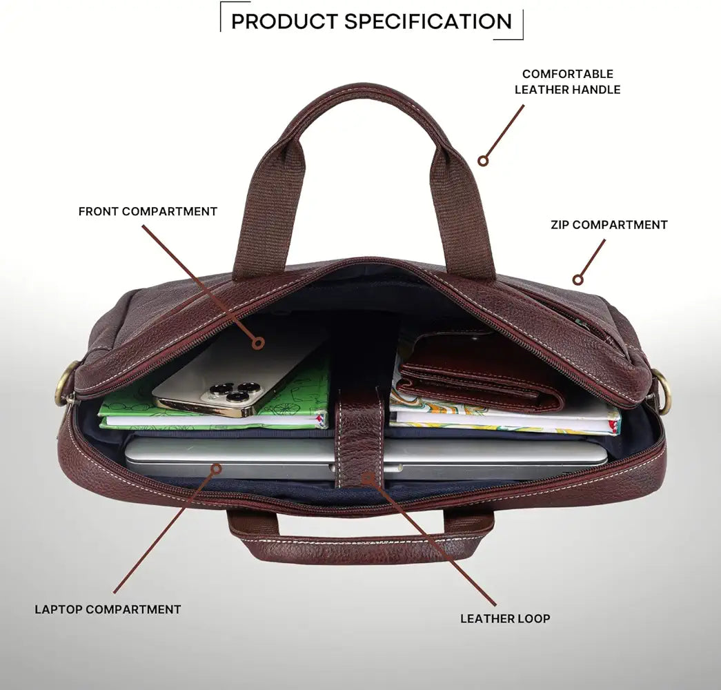WildHorn Leather 15 inch Laptop Messenger Bag for Men I Padded Laptop Compartment with Adjustable Strap I Extra Zip Compartments I DIMENSION : L-16 inch W-3.2 inch H-13 inch