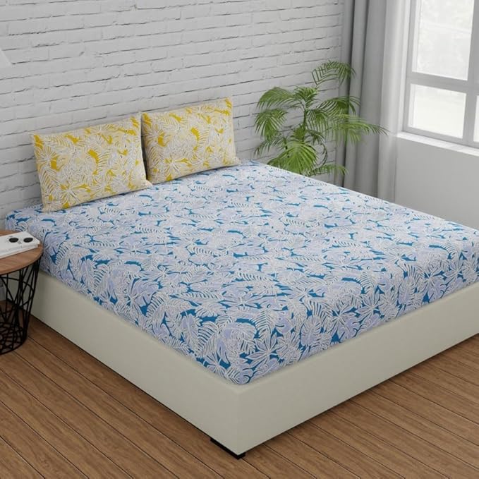 Huesland by Ahmedabad Cotton 144 TC Cotton Bedsheet for Double Bed King Size with 2 Pillow Covers | Blue & Yellow