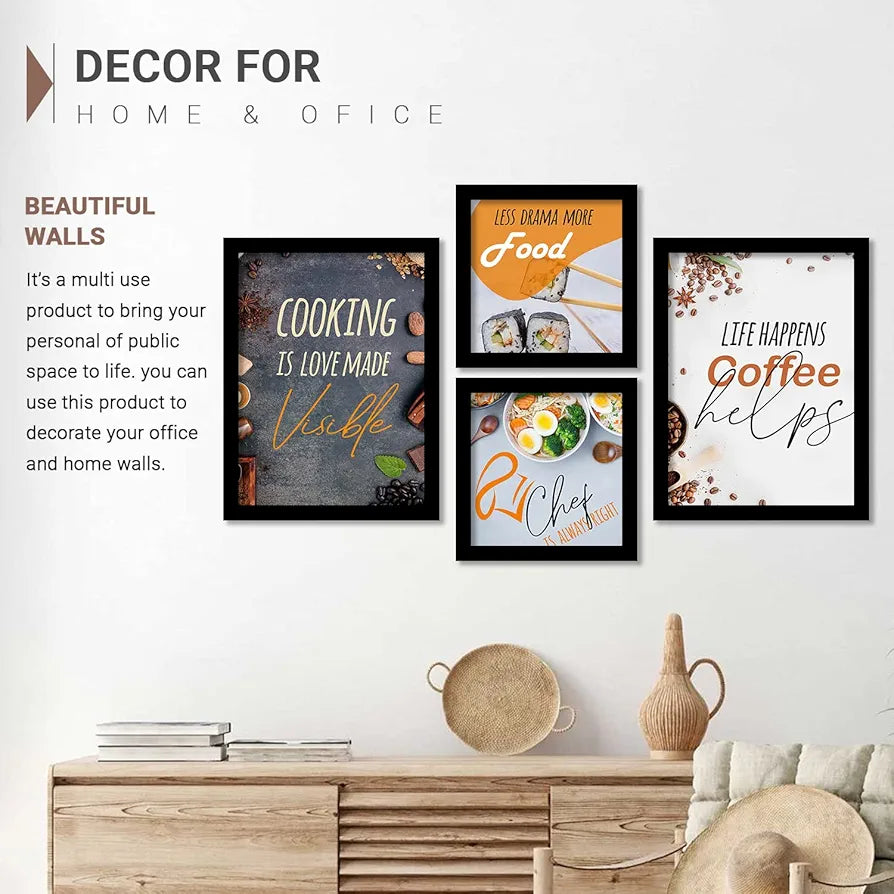 Kotart Kitchen Cooking is Love Funny Quotes Framed Wall Paintings / Posters with Frame Set of 4 multicolor