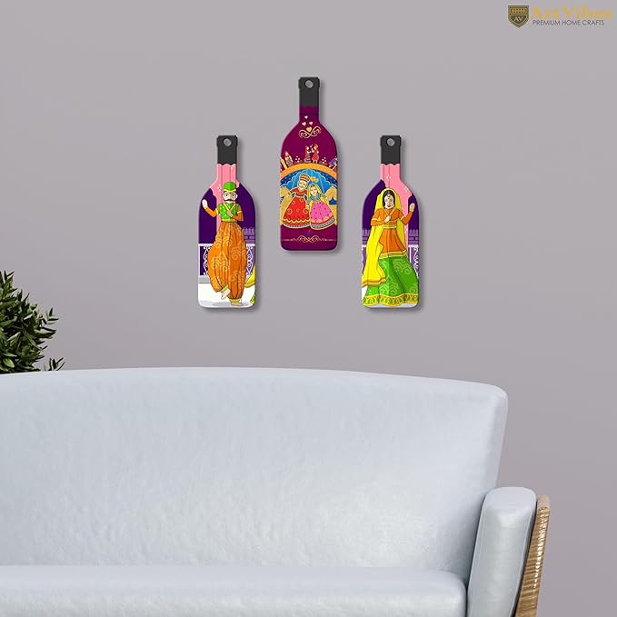 Artvibes Rajasthani Puppet Dance Wooden Wall Hanging for Home Decor | Set of 3