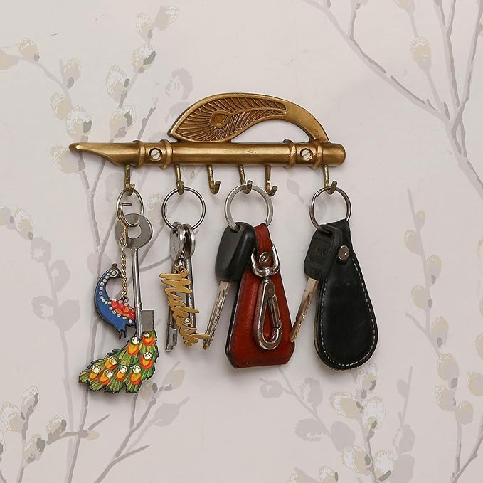 Ecraftindia Krishna Morpankh and Flute Design Brass Key Holder