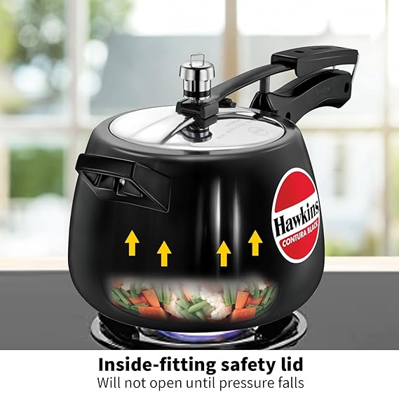 Hawkins 4 Litre Contura Black Pressure Cooker Hard Anodised Inner Lid Cooker Handi Cooker Black