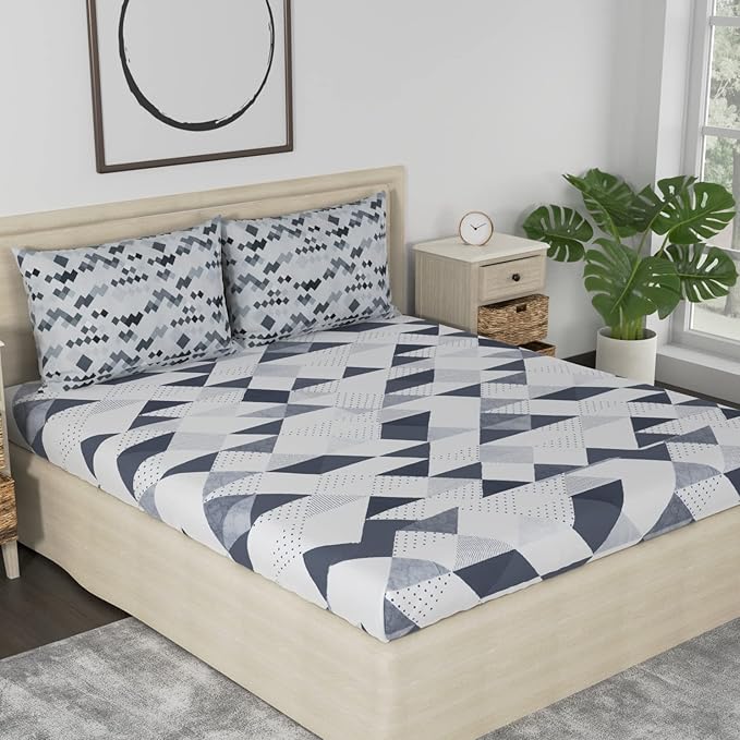 Huesland by Ahmedabad Cotton 186 TC Cotton Bedsheet for Double Bed King Size with 2 Pillow Covers | White & Grey
