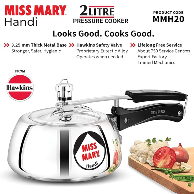 Hawkins 2 Litre Miss Mary Handi Pressure Cooker Small Inner Lid Cooker Silver Aluminium