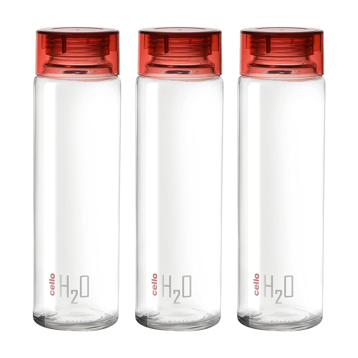 Cello H2O Glass Fridge Water Bottle with Plastic Cap | 920 ml | Set of 3 | Red