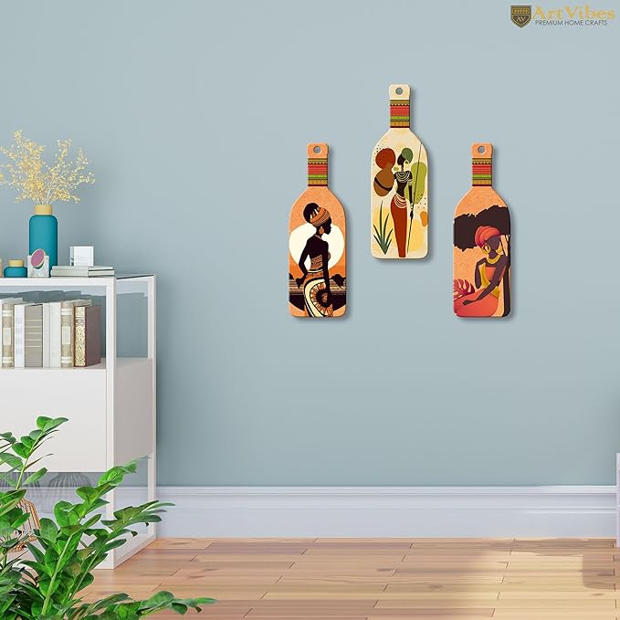 Artvibes African Warli Art Wooden Wall Hanging for Home Decor | Set of 3