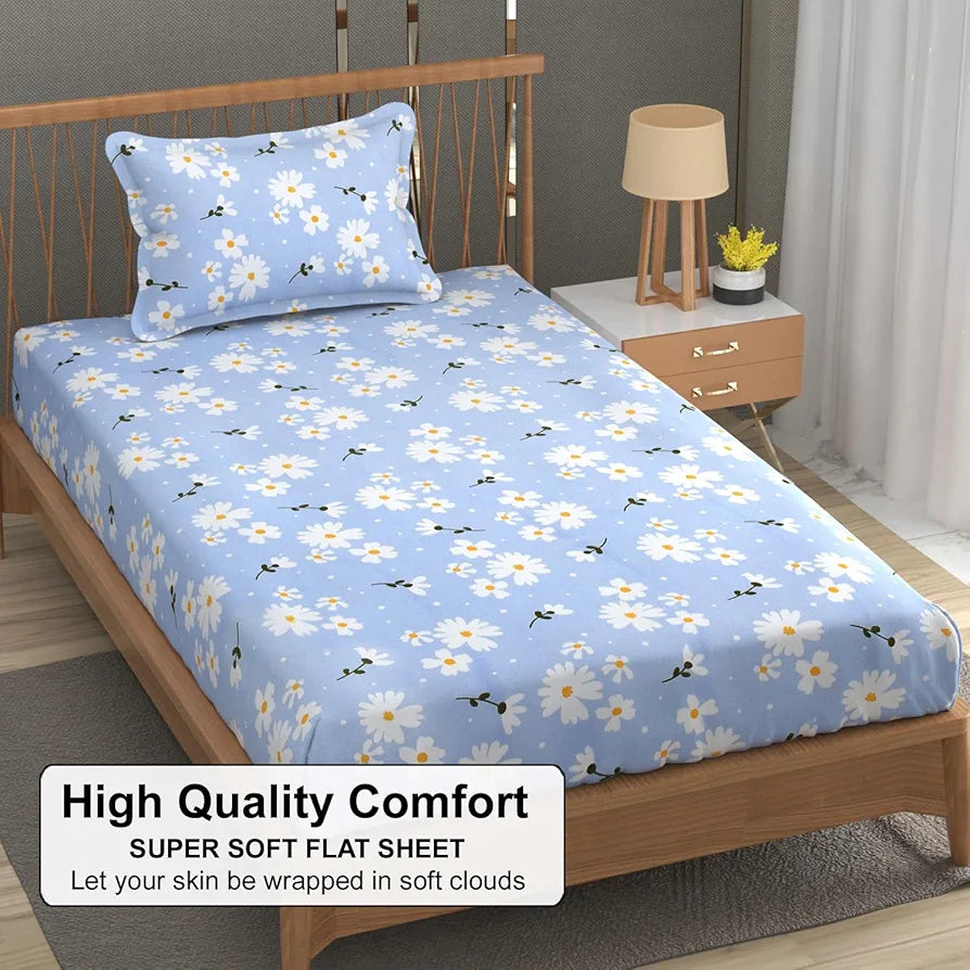 Fresh From Loom Soft Microfiber Floral Print Single Bed Bedsheet 240 TC 1 Pillow Covers Casper-Blue