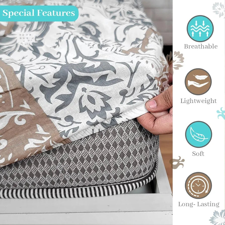 Divine Casa 144 TC 100% Cotton Floral Grey Breathable Bedsheet King Size Bed Cotton Elastic Fitted Colour Air Blue