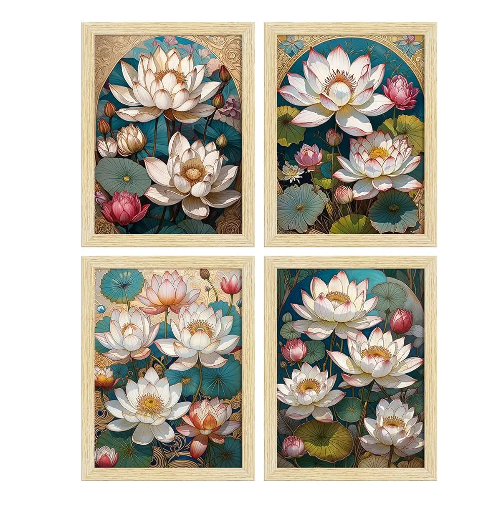ArtX Paper Lotus Flowers Art Paintings With Frame Multicolor Set of 4