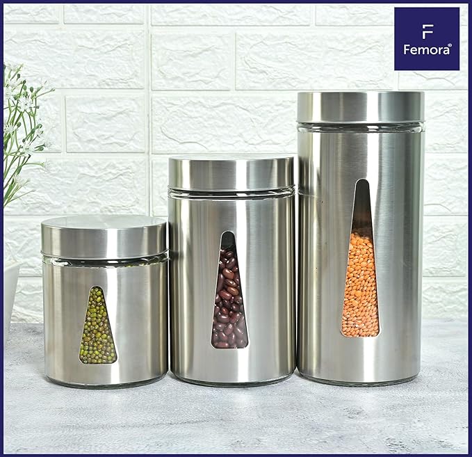Femora Kitchen Storage Jars Steel Finish With See Through Window Jar | 1000 Ml | Pack of 3 | Silver