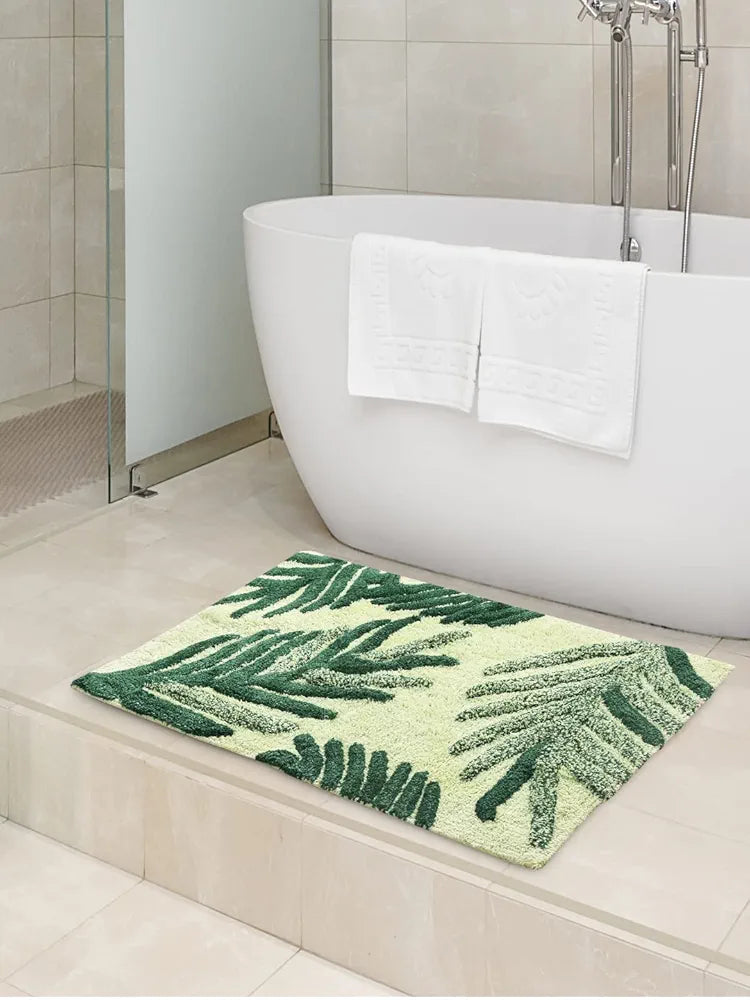 Sashaa World Cotton Leaf Patterned Bathmat Soft Absorbent & Cozy Colour Green