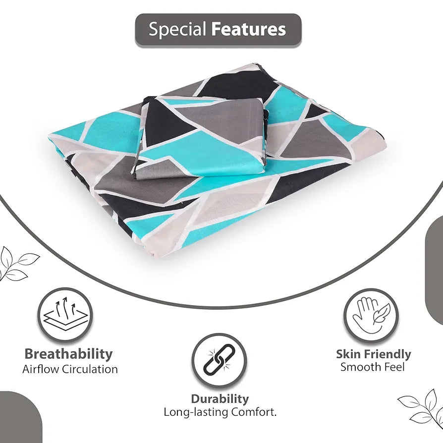 Divine Casa Bedsheet for Single Size Bed 144 TC Cotton Bedsheet for Single Size Bed with 1 Pillow Cover  Geometric Colour Aqua Grey