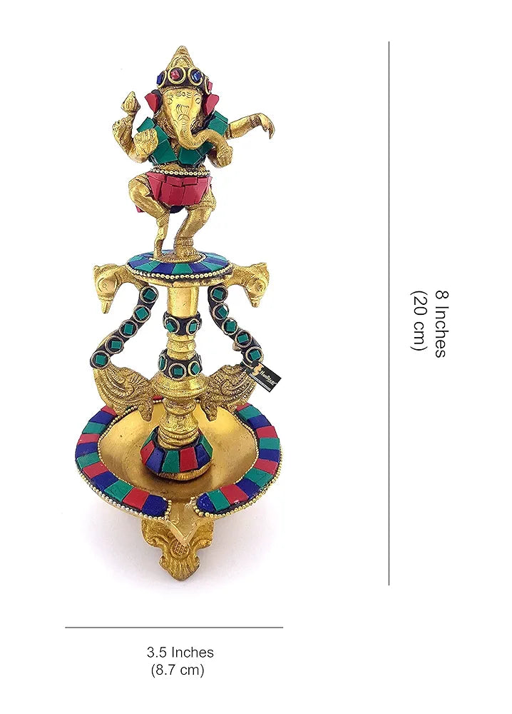 Two Moustaches 8 Inches Dancing Ganesha Gemstone Work Brass Oil Diya