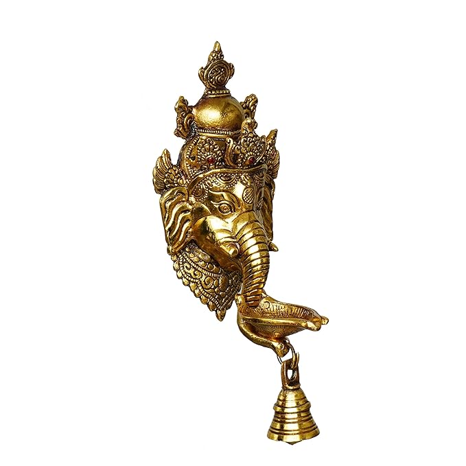 Ecraftindia Golden Metal Lord Ganesha Wall Hanging Diwali Diya With Bell