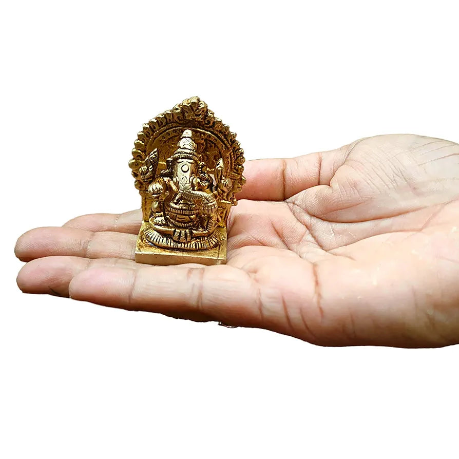 anciently Mini Ganesha Brass Idol with Arch | Ganesh Chaturthi Gifts | Ganesha Idol for Car Dashboard Brass, 5CM Height, Gold Colour - 