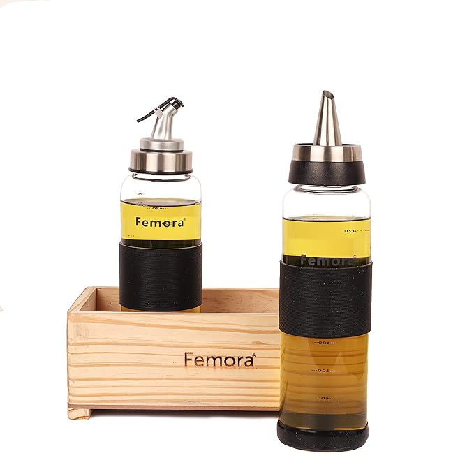 Femora Borosilicate Glass Oil Bottle | 500 Ml | 2 Pieces | In One Wooden Tray for Kitchen