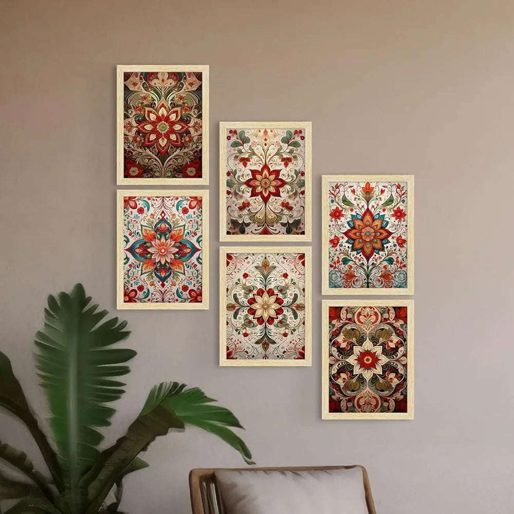 ArtX Paper Floral Patterns Botanical Art Paintings MadhuLeaves-SO6-01 With Frame Multicolor Set of 6