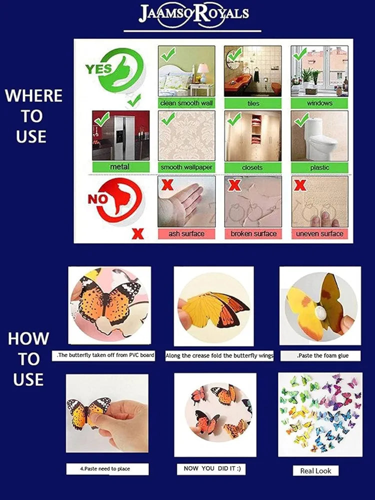 Jaamso Royals Rose 3d Butterefly Butterfly Stickers for Wall Set of 12