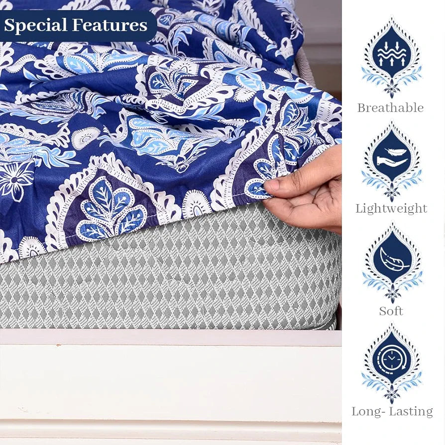 Divine Casa Cotton 100% Cotton Elastic Fitted Printed Queen Size Double Bed Bedsheet with 2 Pillow Cover Colour Baja Blue