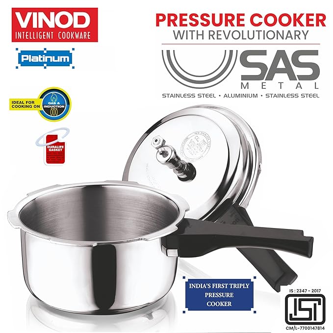 Vinod Platinum Triply Stainless Steel Outer Lid Pressure Cooker | Induction Base Pressure Cooker 2 Litre Capacity