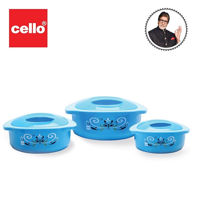 Cello Hot Serve Insulated Inner Steel Casserole Set of 3 | Blue | Hot Box for Kitchen