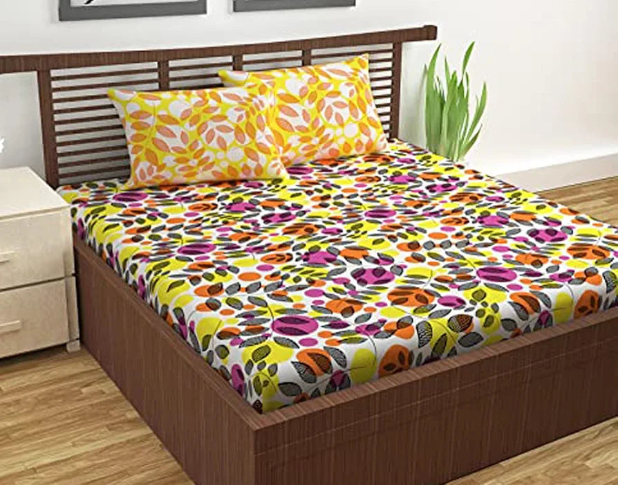 Divine Casa 144 TC Cotton Bedsheet for Double Bed with 2 Pillow Cover Colour Orange & Yellow