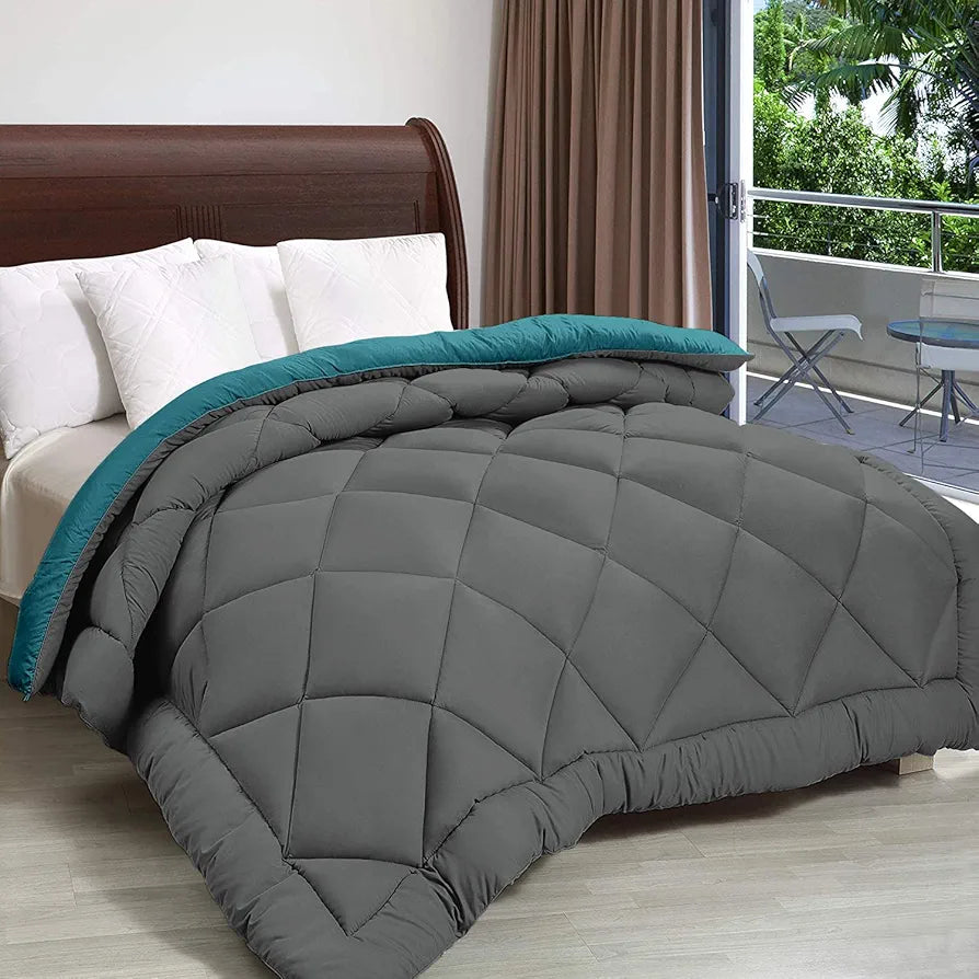 Cloth Fusion Reversible AC Comforter Single Bed Soft Microfibre Quilt Blanket for Winter Teal & Light Grey