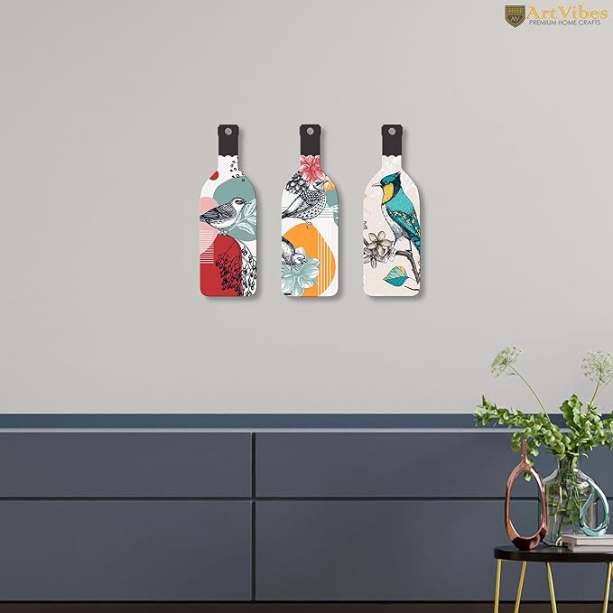 Artvibes Birds on Branch Wooden Wall Hanging for Home Decor | Set of 3
