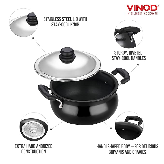 Vinod Black Pearl Hard Anodised Non Stick Handi with Lid - 3.8 Litre, Small | 3.25mm Thickness | Biryani Pot