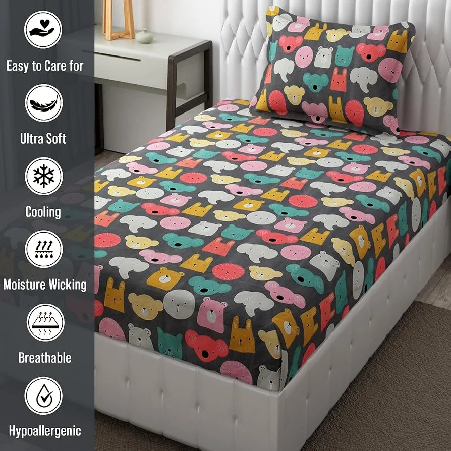 Fresh From Loom Glace Cotton Wrinkle Free Soft Hypoallergenic Bed Sheet Cartoon Printed Single Bedsheet With One Pillow Cover For Kids 144 tc Black