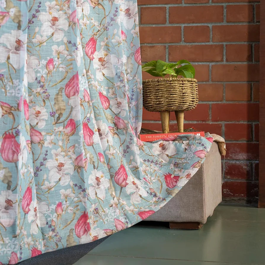 Urban Space Printed Sheer Curtains for Long Door 8 feet Light Filtering Textured Decorative Curtains with Eyelets and TieBack for Living Room, Set of 2 Curtains Flora Nova Sage Green Sheer
