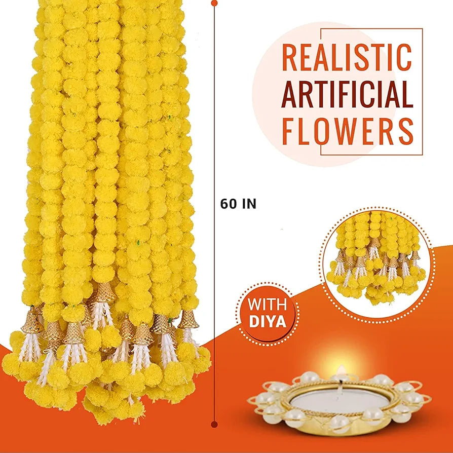 Artificial Marigold Flowers For Decoration Garland With Bell 5 Feet Long 5 Pcs With 1 Diya 5 Centimeters Yellow-Bell