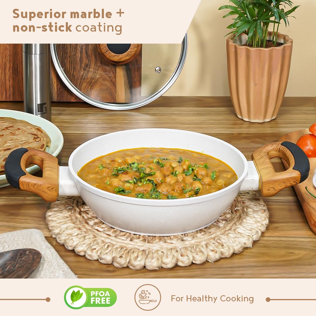 Bergner Naturally Forged Aluminum 24cm Kadai With Glass Lid | 2 Liters Non-stick Kadhai