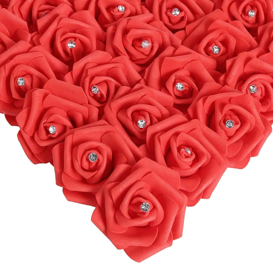 100pcs Red Foam Rose Artificial Flower Bulk with Crystal 3in Real Looking Stemless Fake Roses