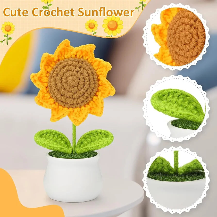 Handmade Crochet Sunflower Pot 1 PC Artificial Flower Knitted Wool Flower