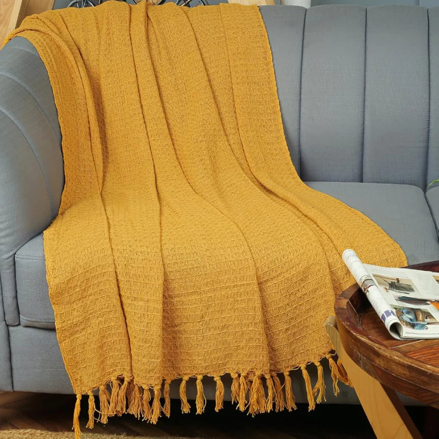 Homadorn Waffle 100% Cotton Throw Blanket Colour Mustard