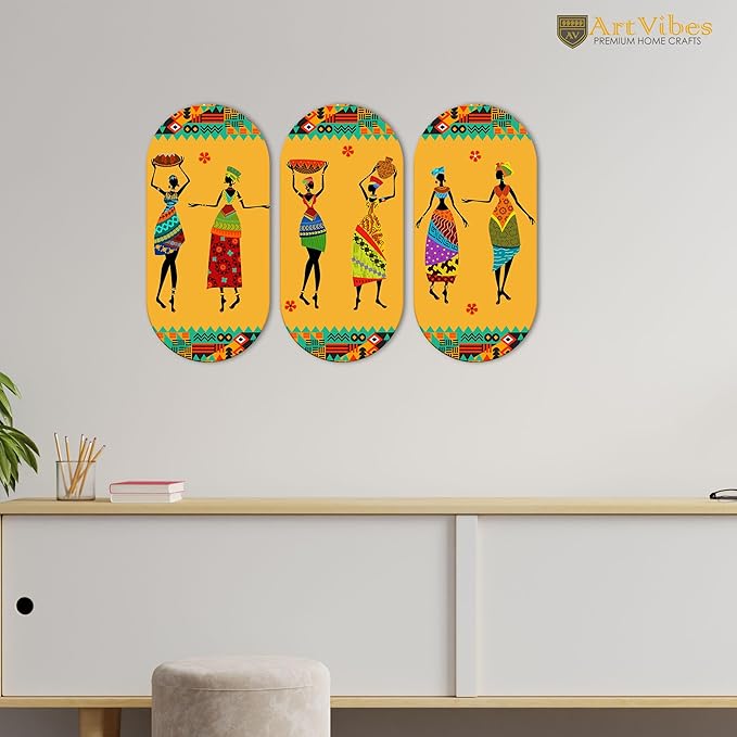 Artvibes African Warli Art Wooden Wall Hanging Decoration Items for Home | Set of 3