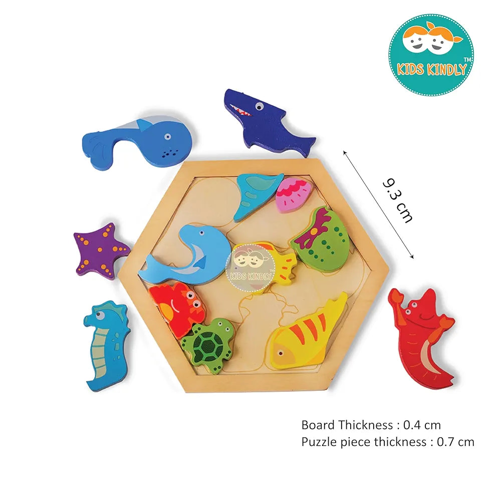 KIDS KINDLY Wooden Stacking and Sorting Puzzle - Sea Animals Theme, Jigsaw Puzzle, Wooden Toys for Kids, Age 3+
