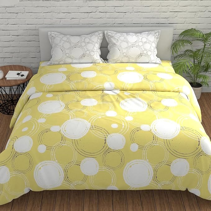 Huesland by Ahmedabad Cotton 144 TC King Size Bedsheet Cotton with 2 Pillow Covers | Sphere |  Yellow & Off White