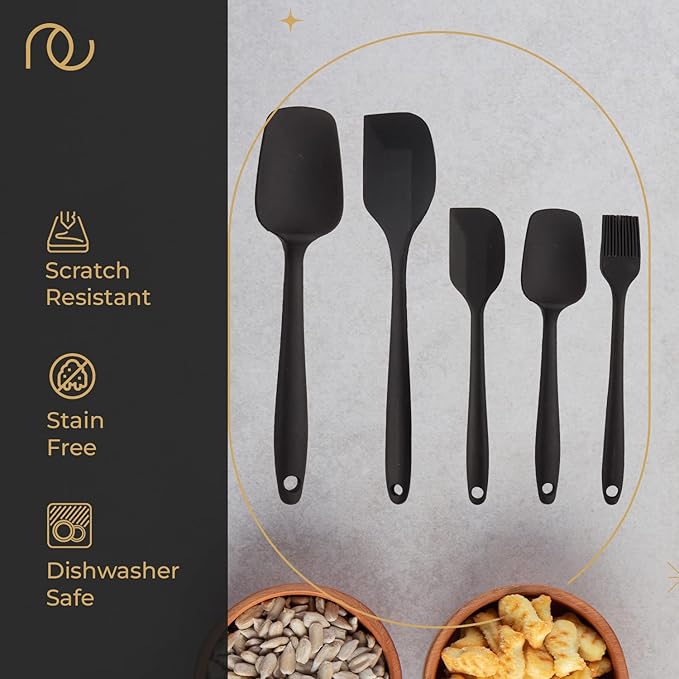 Frenchware Set of 5 Spatulas, Black | Non-stick Premium Silicone Spatula for Cooking, Baking & Mixing, Seamless Design