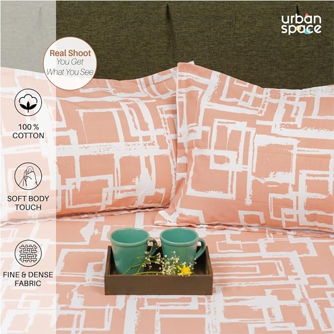 Urban Space Serene Bedsheet for Double Bed 2 Pillow Covers (Colour Checkers Peach)