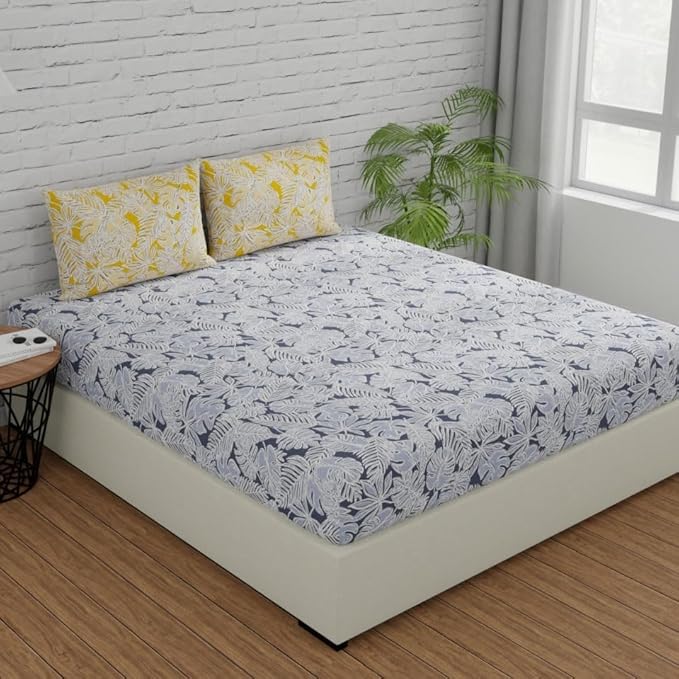 Huesland by Ahmedabad Cotton 144 TC Bedsheet for King Size Bed with 2 Pillow Covers | Grey & Yellow