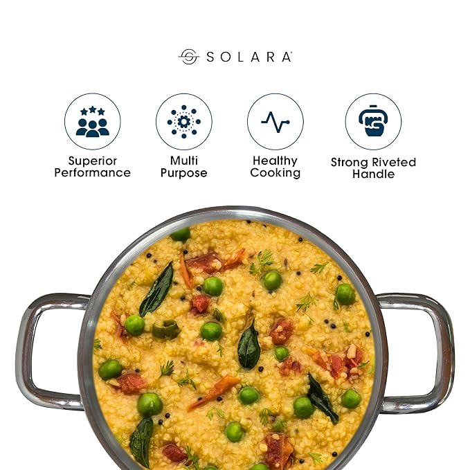 Solara Stainless Steel Triply Kadhai With Lid - 22 Cm | Induction Friendly | Triply Stainless Steel Cookware | Kadai With Lid