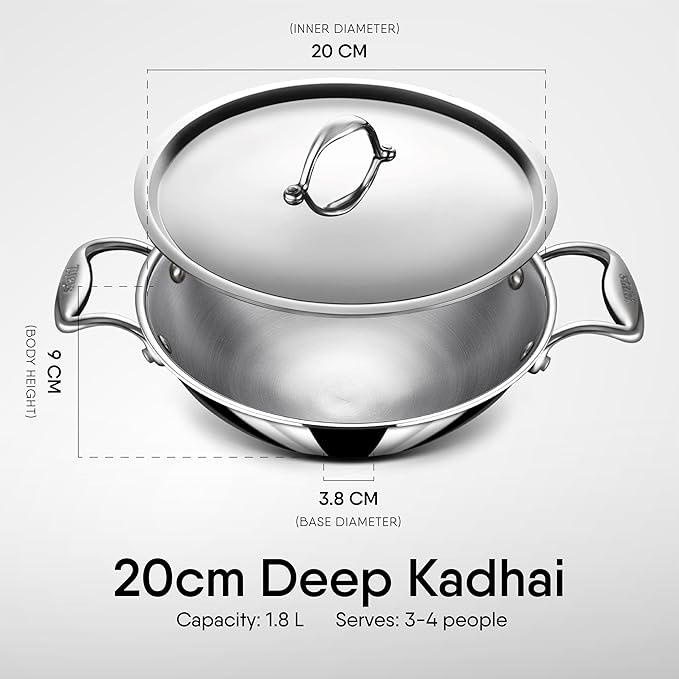 Stahl Artisan Triply Stainless Steel Round Bottom Kadhai With Lid | Extra Deep Kadai | 1.8 L | 20 Cm